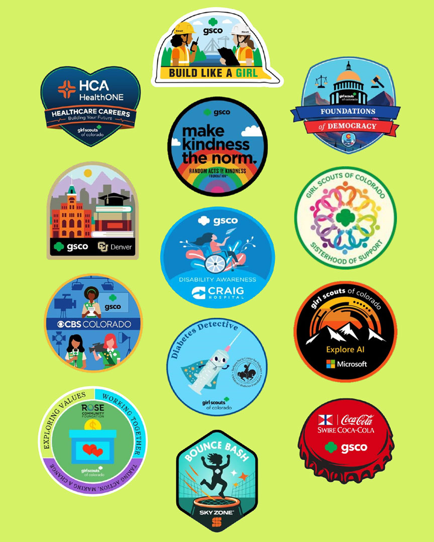 Grid of Girl Scouts of Colorado sponsored patch program badges